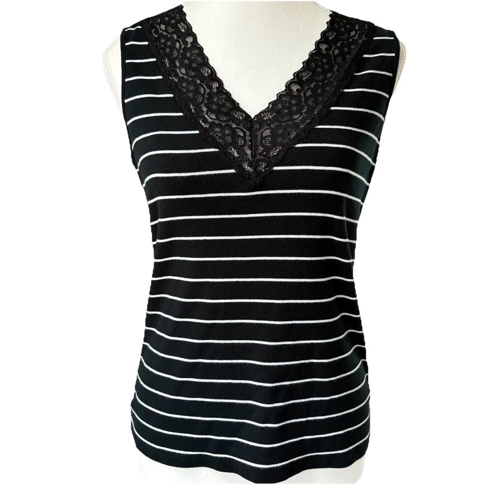 Lauren Ralph Lauren Lace Trim Tank Top Cotton V-neck Black White Stripe M Preppy